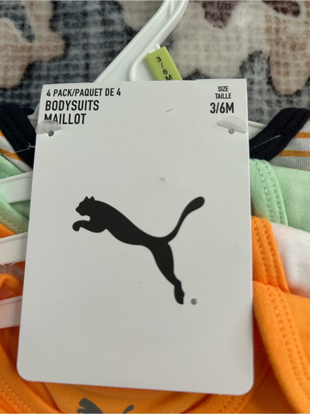 ✅ Puma Baby 4-Pack Bodysuits 3-6M NWT Orange Mint Stripe All-Over Print Logo - Picture 8 of 9